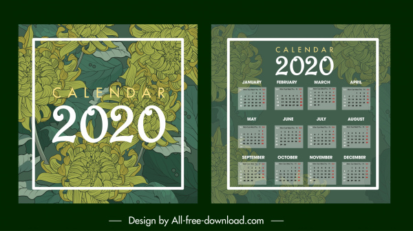 2020 달력 템플릿 어두운 녹색 흐린된 꽃 스케치