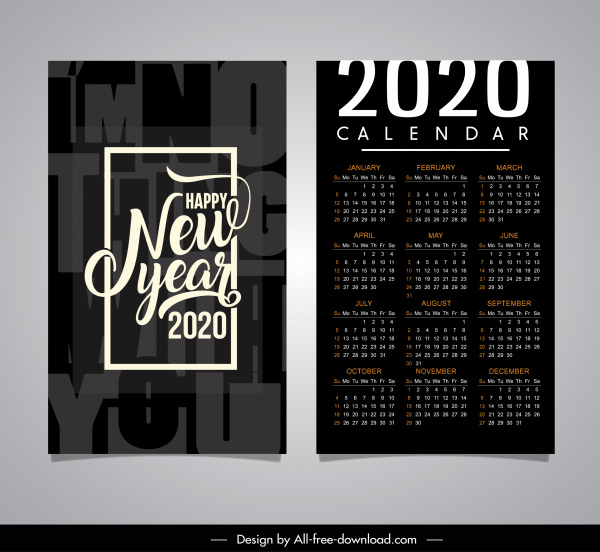 2020 mẫu lịch trang trí thanh lịch màu đen trắng mờ