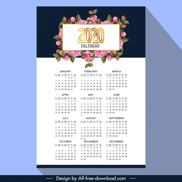 2020 calendário modelo flora elegante decoração