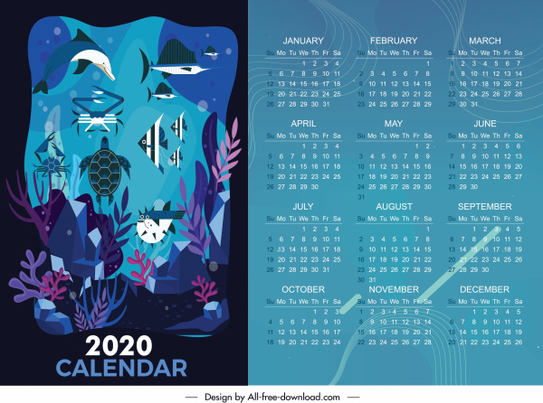 2020 modelo de calendário decoração de espécies marinhas