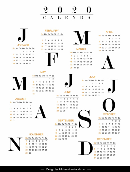 2020 kalender template cerah hitam putih dekorasi modern