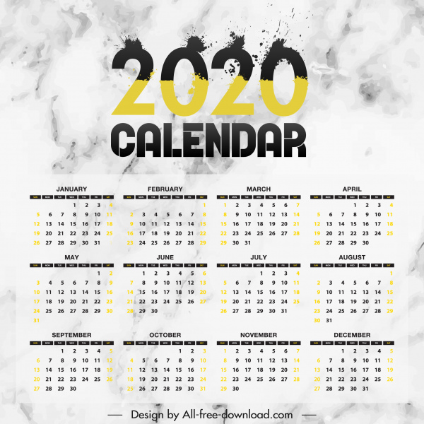 2020 modello di calendario moderno grunge inchiostro numero arredamento
