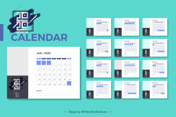 2020 calendário modelo simples simples design moderno