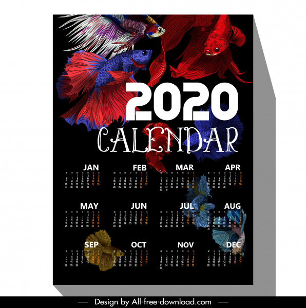 2020日曆範本五顏六色的觀賞魚裝飾