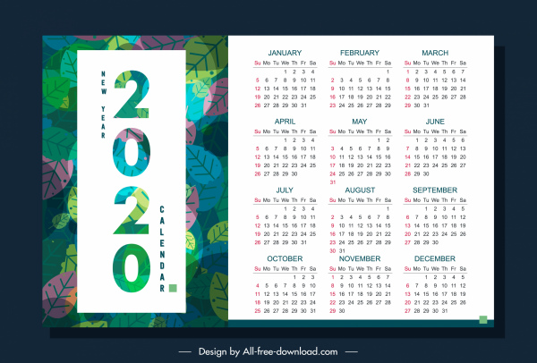 2020 calendrier modèle nature thème feuilles colorées décor