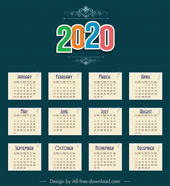 Notas de la etiqueta engomada de papel de 2020 calendario plantilla esbozo