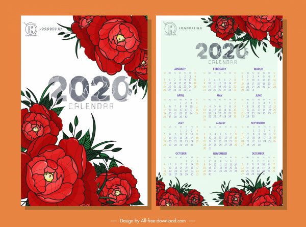 2020 calendario plantilla decoración de rosas rojas