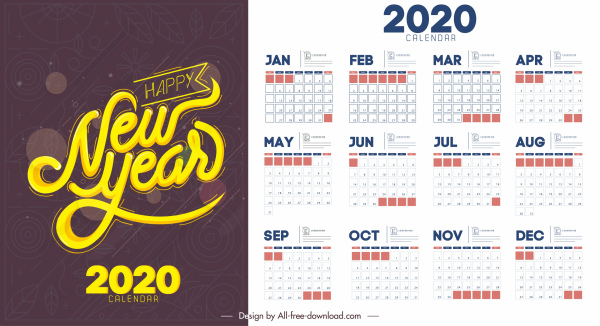 2020 modello di calendario semplice design a contrasto arredamento piatto