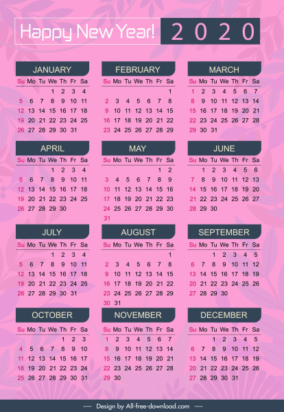 2020年日曆範本簡單紫羅蘭模糊葉