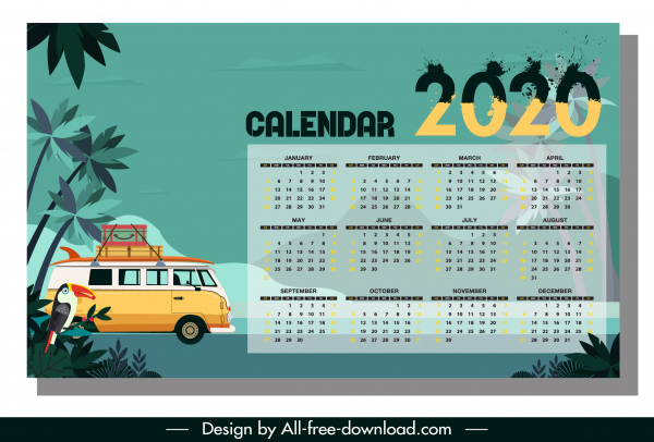 2020 kalender template perjalanan tema warna-warni klasik
