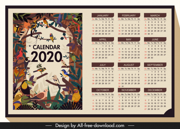 2020 calendario colorido clásico de plantilla aves silvestres tema