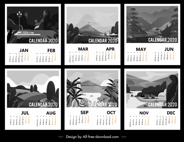 modelos de calendário 2020 preto branco clássico cenário decoração