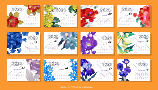 2020 カレンダー テンプレート カラフルな植物装飾