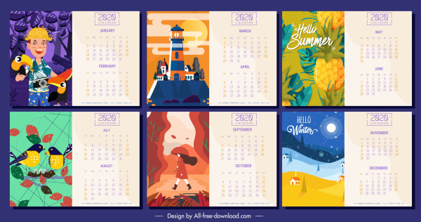 2020 kalender template tema warna-warni dekorasi