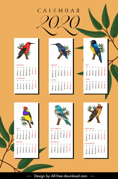 2020 calendário modelos natureza tema pássaro espécie decoração