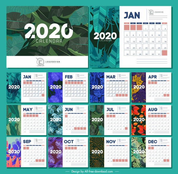 2020 カレンダー テンプレートの自然のテーマのカラフルな葉の装飾