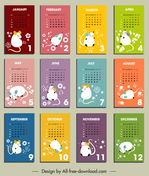 2020 calendario plantillas decoración oriental rata blanca los iconos