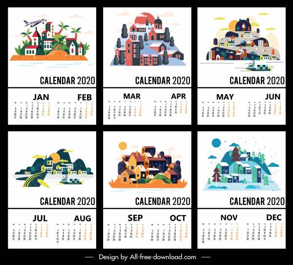 2020 template kalender pemandangan dekorasi warna-warni klasik