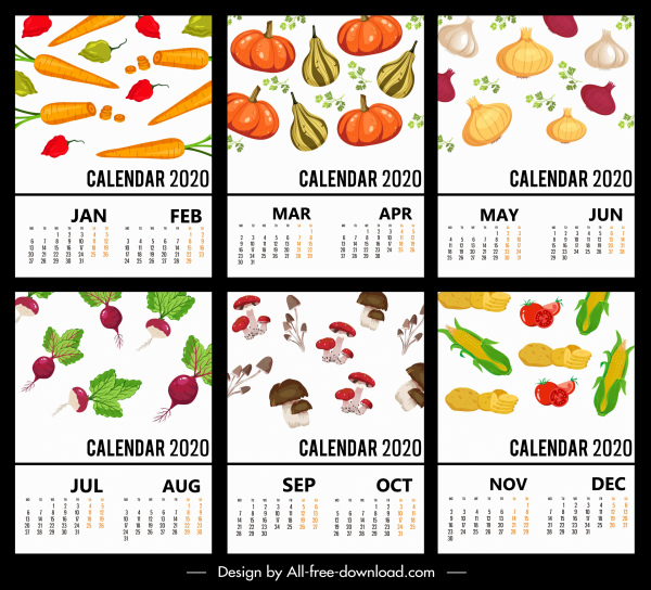 2020 calendario decorado colorido de verduras de plantillas