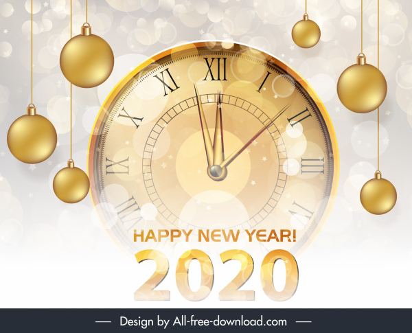 2020 nuovo anno banner lucido bokeh orologio palline