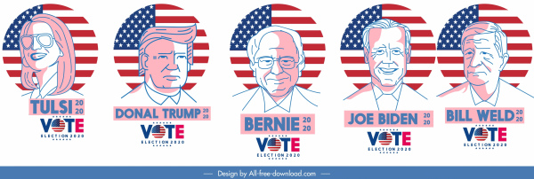 2020 usa votes icônes portraits de caractère drapeau croquis