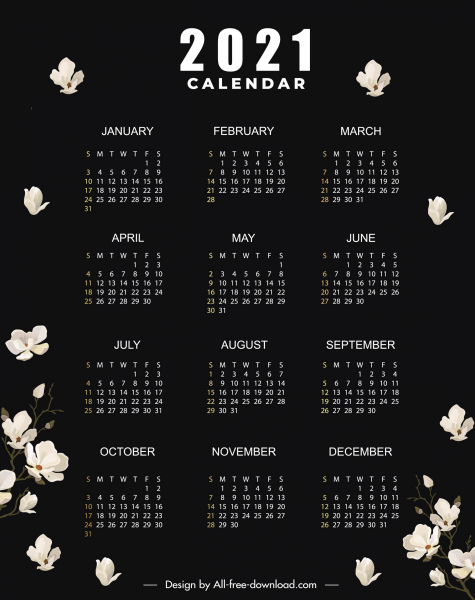 2021 template kalender hitam gelap desain dekorasi bunga