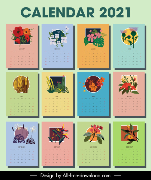 2021 calendario modello di piante botaniche arredamento