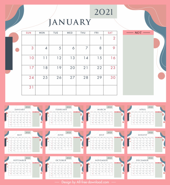 2021 日曆範本明亮色彩經典平面裝飾