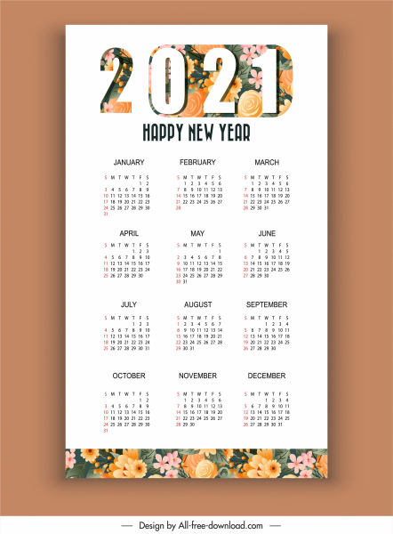 Modelo de calendário 2021 decoração de flores coloridas brilhantes