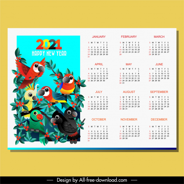Modelo de calendário 2021 tema de papagaios naturais coloridos brilhantes