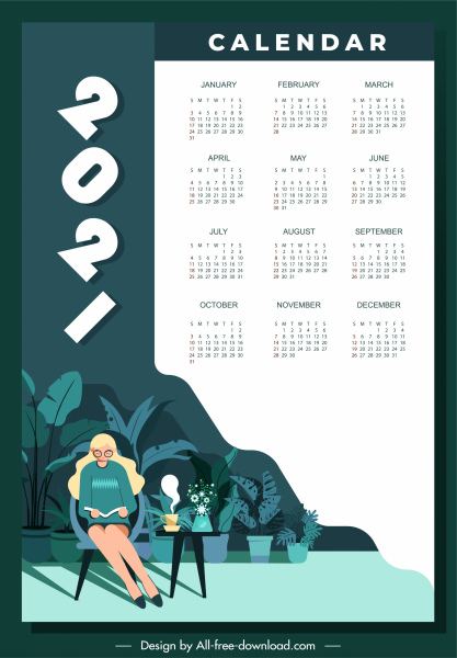 2021 plantilla de calendario tranquilo estilo de vida sketch diseño de dibujos animados