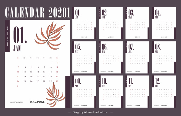 Szablon kalendarza 2021 klasyczny jasny biały liść wystrój