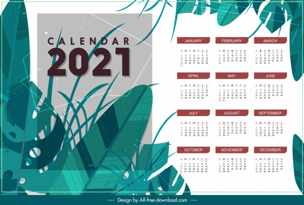 2021 calendrier modèle classique décor de feuilles naturelles