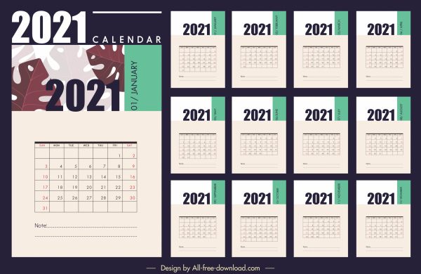 Szablon kalendarza 2021 klasyczny płaski zwykły wystrój liści