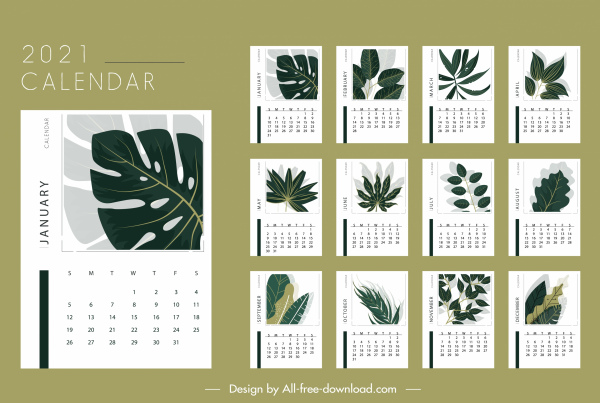 Szablon kalendarza 2021 klasyczne liście kształty wystrój