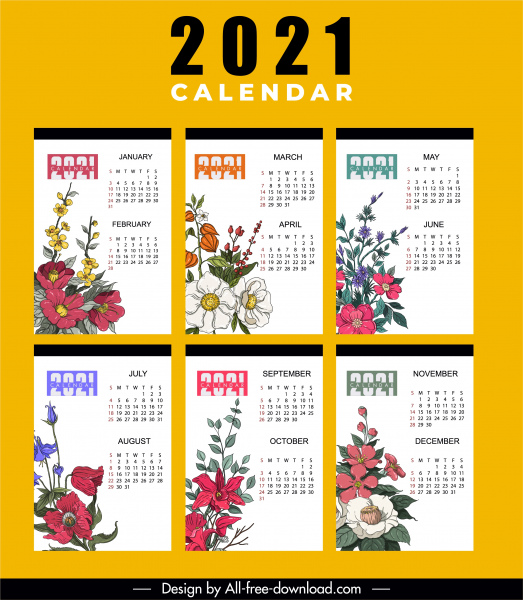 2021 日历模板五颜六色经典植物装饰