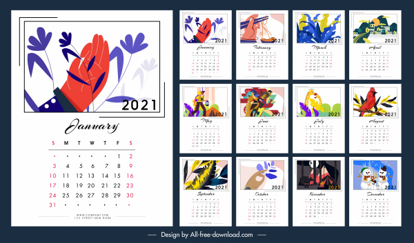 2021 plantilla de calendario coloridos temas clásicos de la vida de la decoración