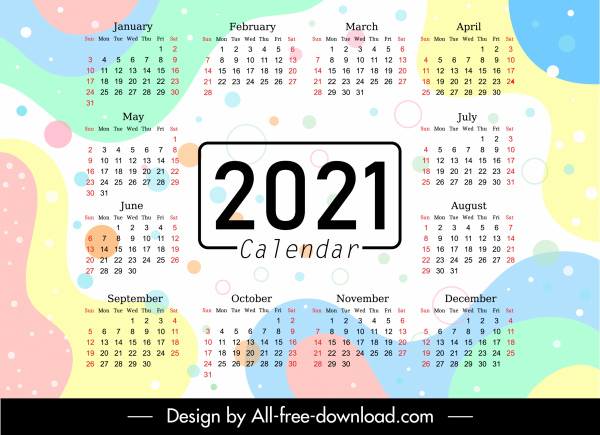 Modelo de calendário 2021 decoração abstrata plana colorida