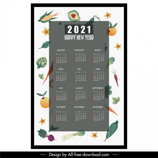 2021 日历模板五颜六色的平果蔬菜装饰