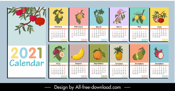 2021 template kalender buah-buahan berwarna-warni ikon sketsa