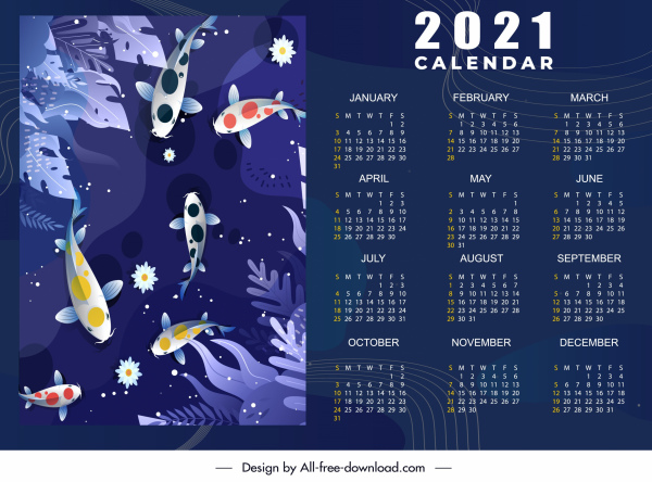 2021 mẫu lịch đầy màu sắc cá Koi tối trang trí