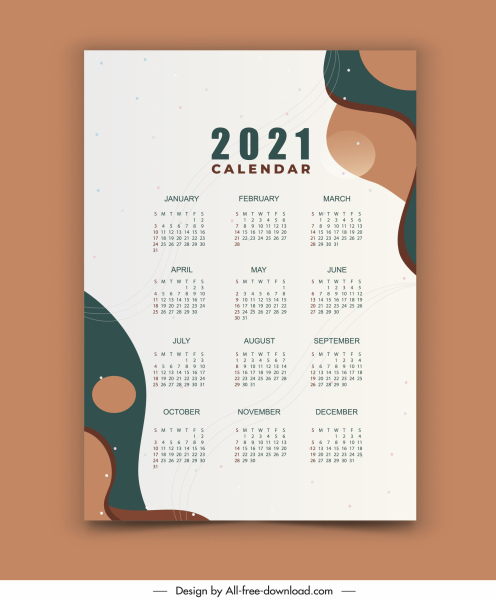Modelo de calendário 2021 colorido círculo retro curvas design