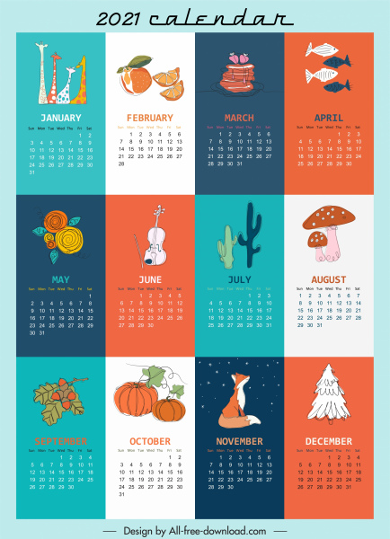 Modelo de calendário 2021 decoração de símbolos retrô coloridos
