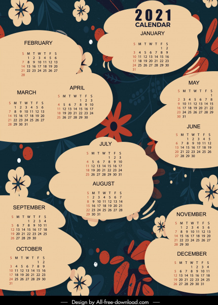 2021 plantilla de calendario flores planas oscuras nube cuadro de texto