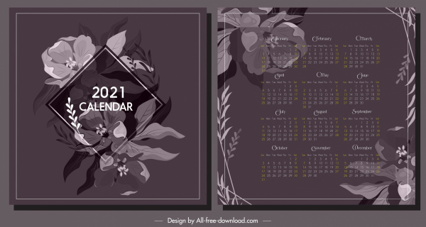 2021 日曆範本優雅的植物裝飾黑暗經典
