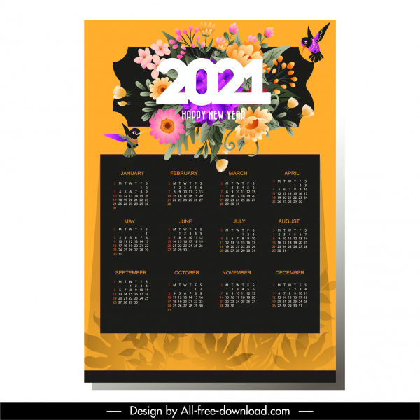 Modelo de calendário 2021 elegante flores coloridas decoração de pássaros