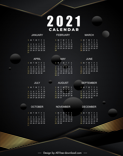Modelo de calendário 2021 elegante decoração escura moderna