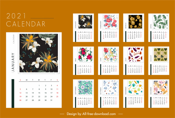 2021 Kalender Vorlage elegante saisonale Pflanzen Dekor