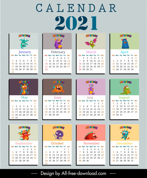 2021 قالب التقويم مضحك الوحش حرف رسم
