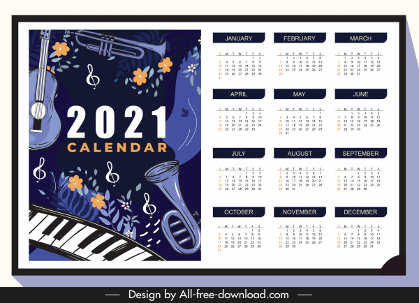 2021日历模板爵士乐乐器黑暗经典